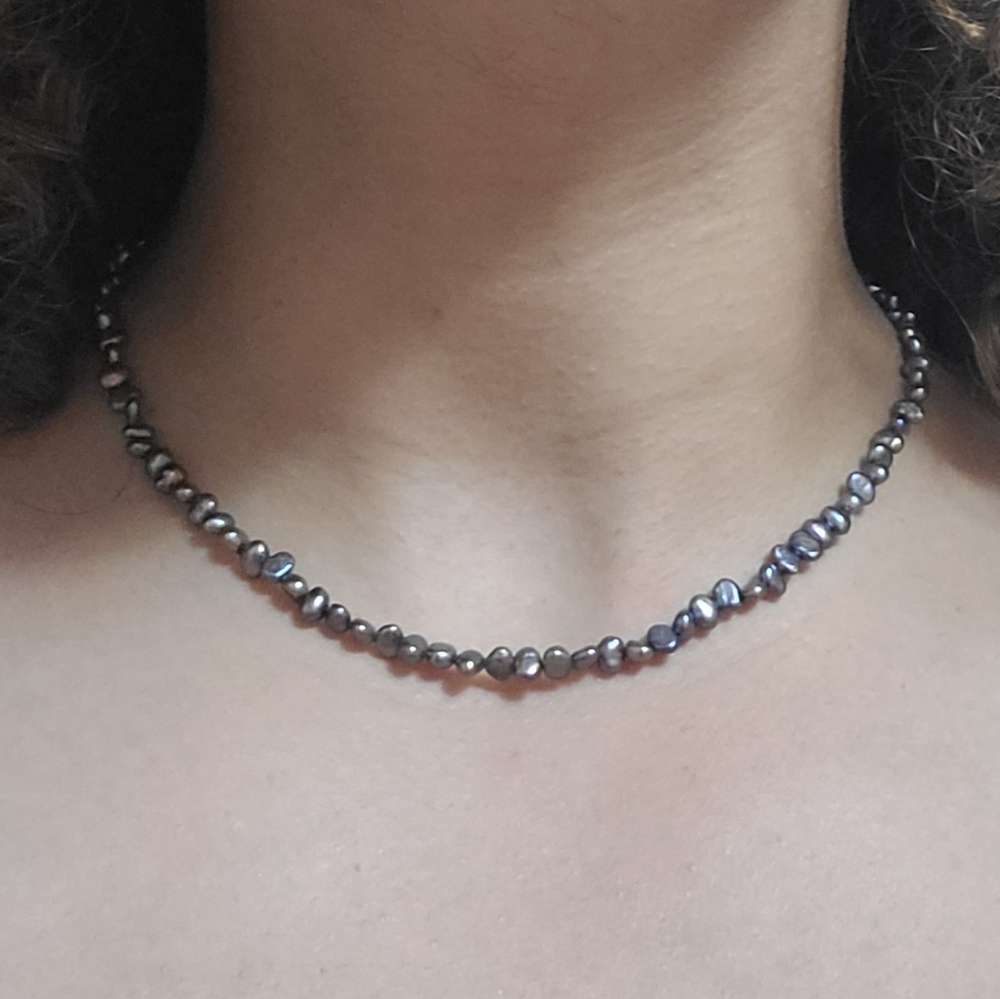 Freshwater Black Flat Pearl Necklace w/ Sterling Silver Fishhook Clasp